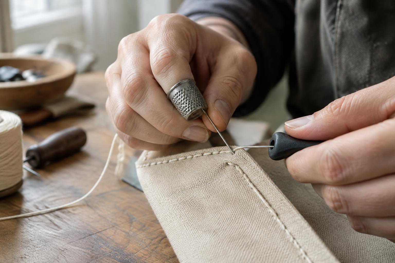 Using a Thimble and Needle Puller for Controlled Hand Sewing